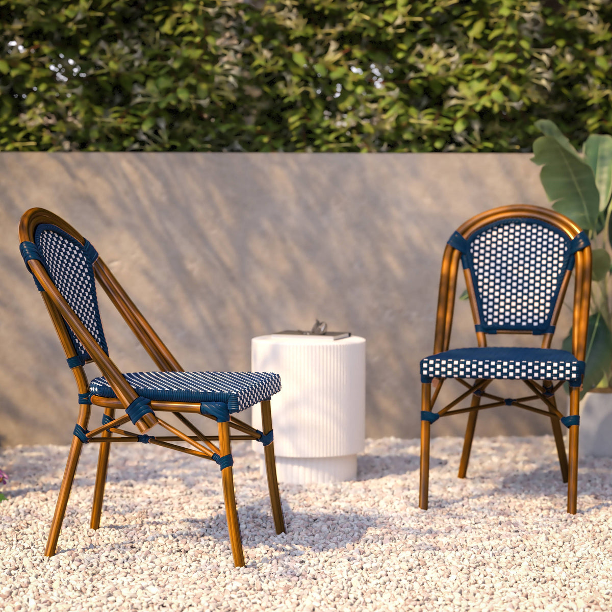 Flash Furniture SDA-AD642001-NVYWH-NAT-GG All-Weather Commercial Paris Chair with Bamboo Print Aluminum Frame-Navy/White (Navy & White/Natural Frame) - View 6