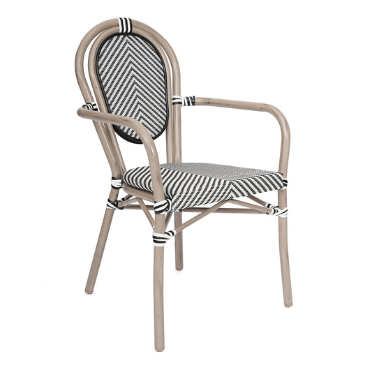 Flash Furniture SDA-AD642002A-TXT-BLKWH-LTNAT-GG All-Weather Commercial Paris Chair with Arms and Natural Metal Frame-Black/White (Black & White/Light Natural Frame) - Main view