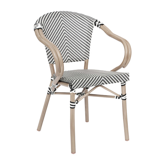 Flash Furniture SDA-ADS642108-BLKWH-LTNAT-GG All-Weather Commercial Paris Chair with Arms and LT Natural Metal Frame-Black/White (Black & White/Light Natural Frame) - Main view