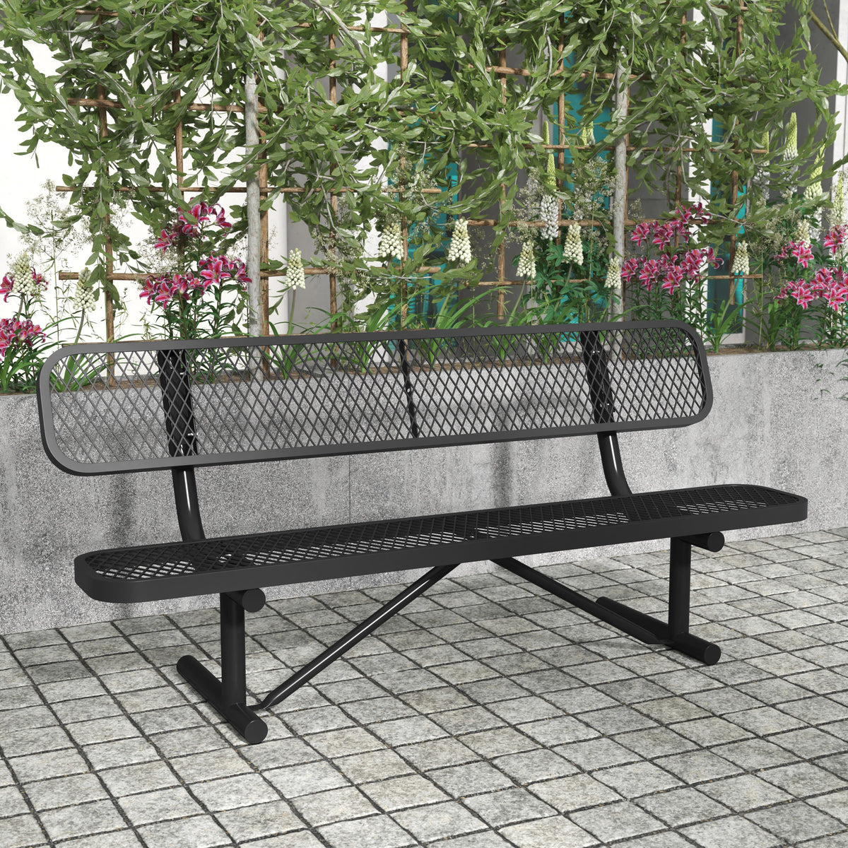Flash Furniture SLF-AG4HUT2-BK-GG Commercial Grade 6' Expanded Mesh Metal Outdoor Bench with Backrest in Black - View 2