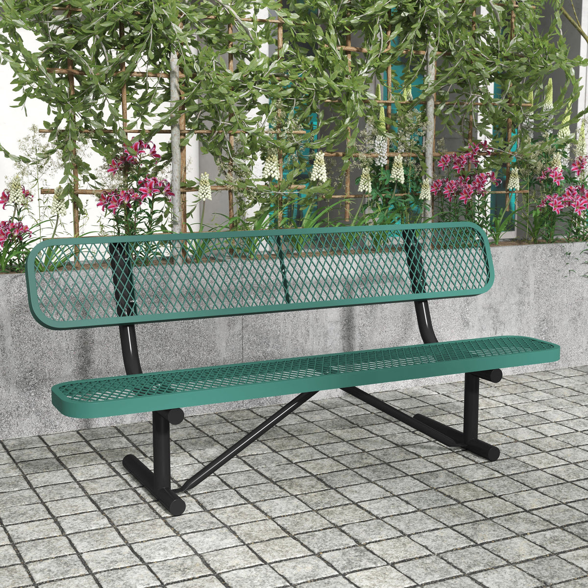Flash Furniture SLF-AG4HUT2-GN-GG Commercial Grade 6' Expanded Mesh Metal Outdoor Bench with Backrest in Green - View 2