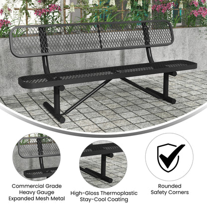 Flash Furniture SLF-AG4HUT2-H48L-BK-GG Commercial Grade 6' Expanded Mesh Metal Outdoor Bench with Anchors in Black - View 3