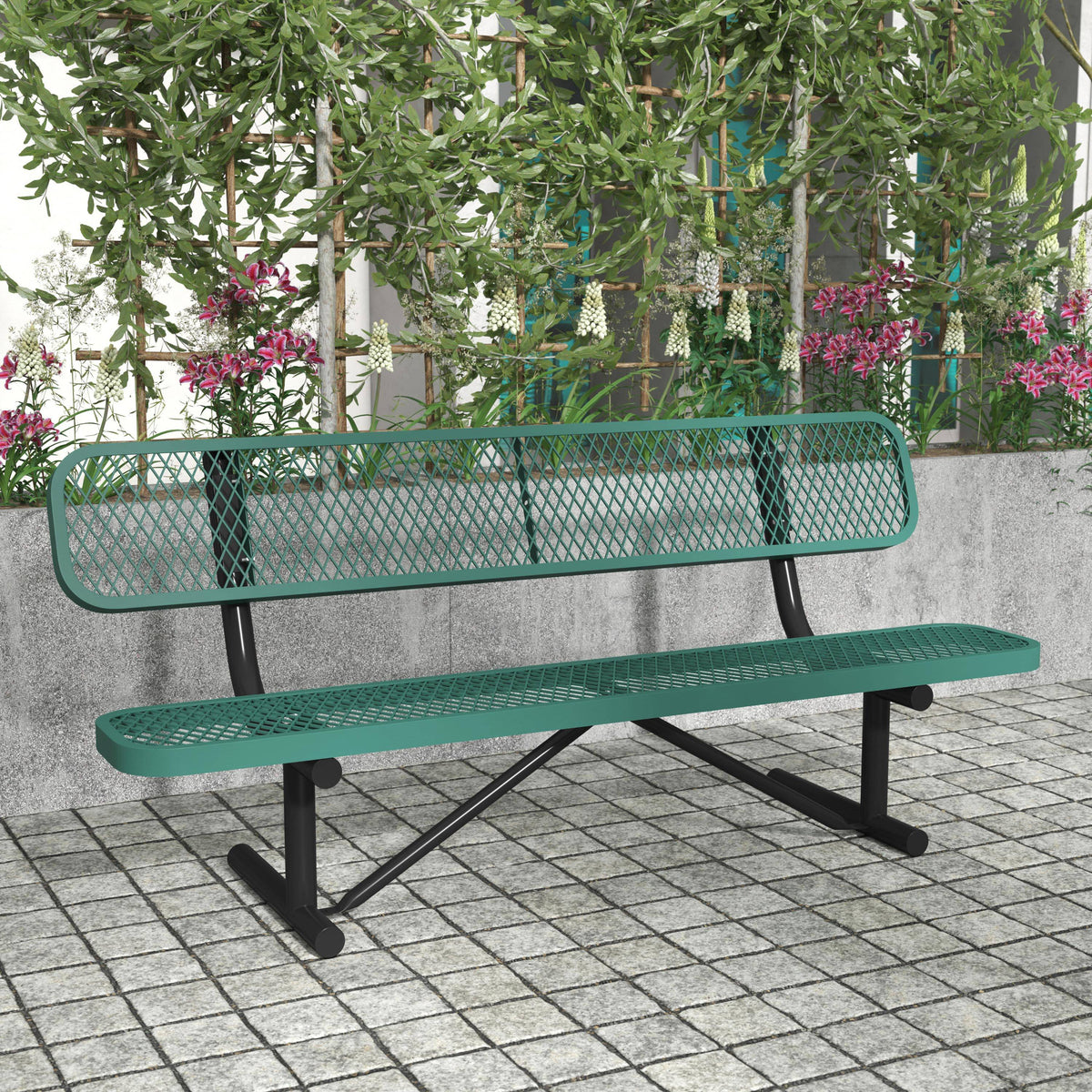 Flash Furniture SLF-AG4HUT2-H48L-GN-GG Commercial Grade 6' Expanded Mesh Metal Outdoor Bench with Anchors in Green - View 2