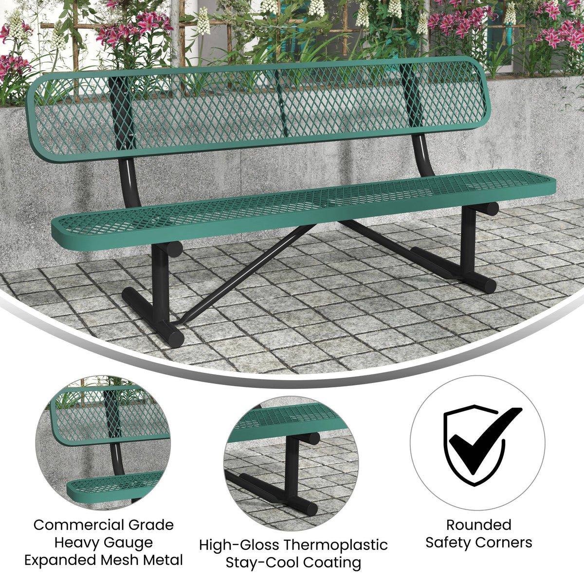 Flash Furniture SLF-AG4HUT2-H48L-GN-GG Commercial Grade 6' Expanded Mesh Metal Outdoor Bench with Anchors in Green - View 3