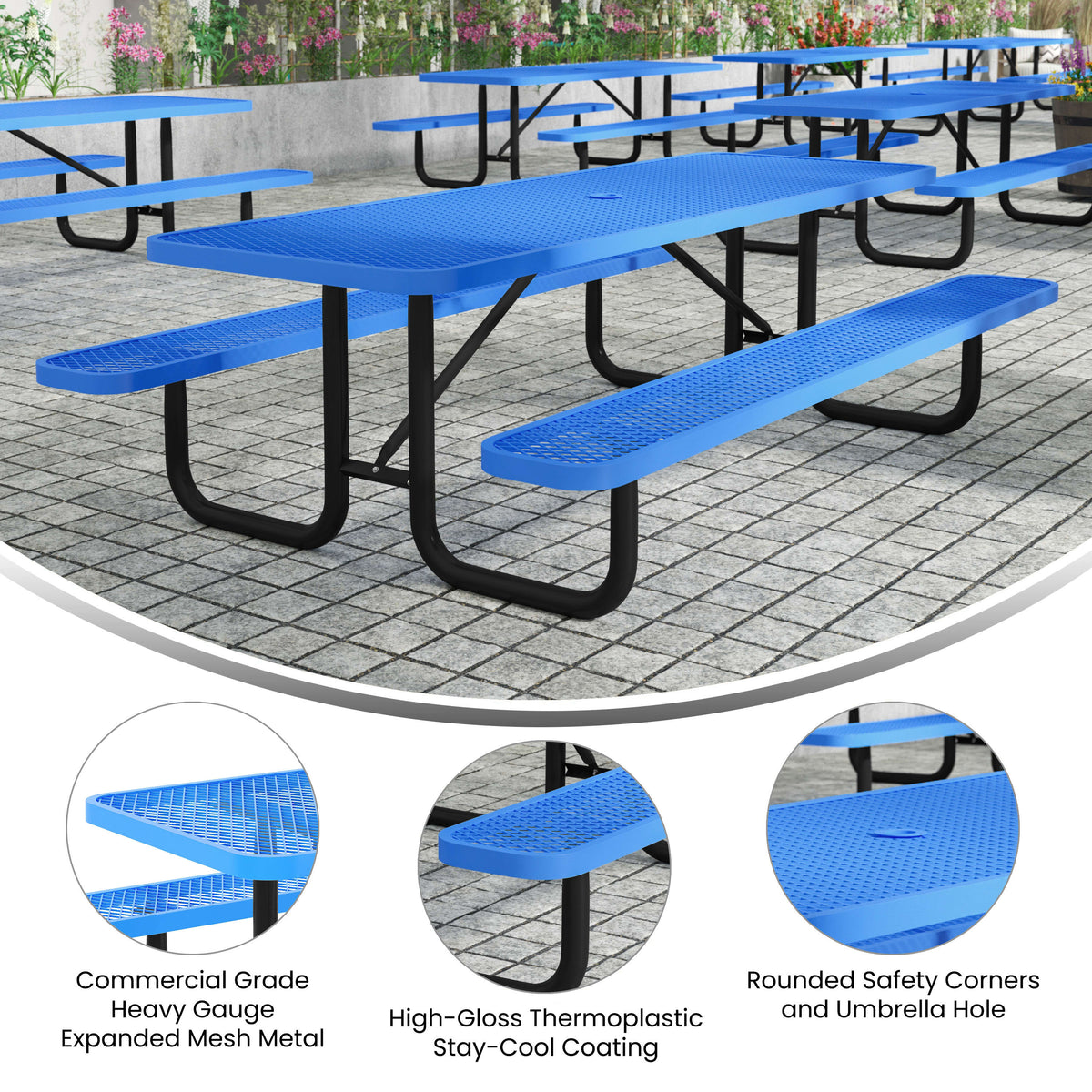 Flash Furniture SLF-EML-96-BL-GG Commercial Grade 8' Rectangular Expanded Mesh Metal Outdoor Picnic Table - Blue - View 3
