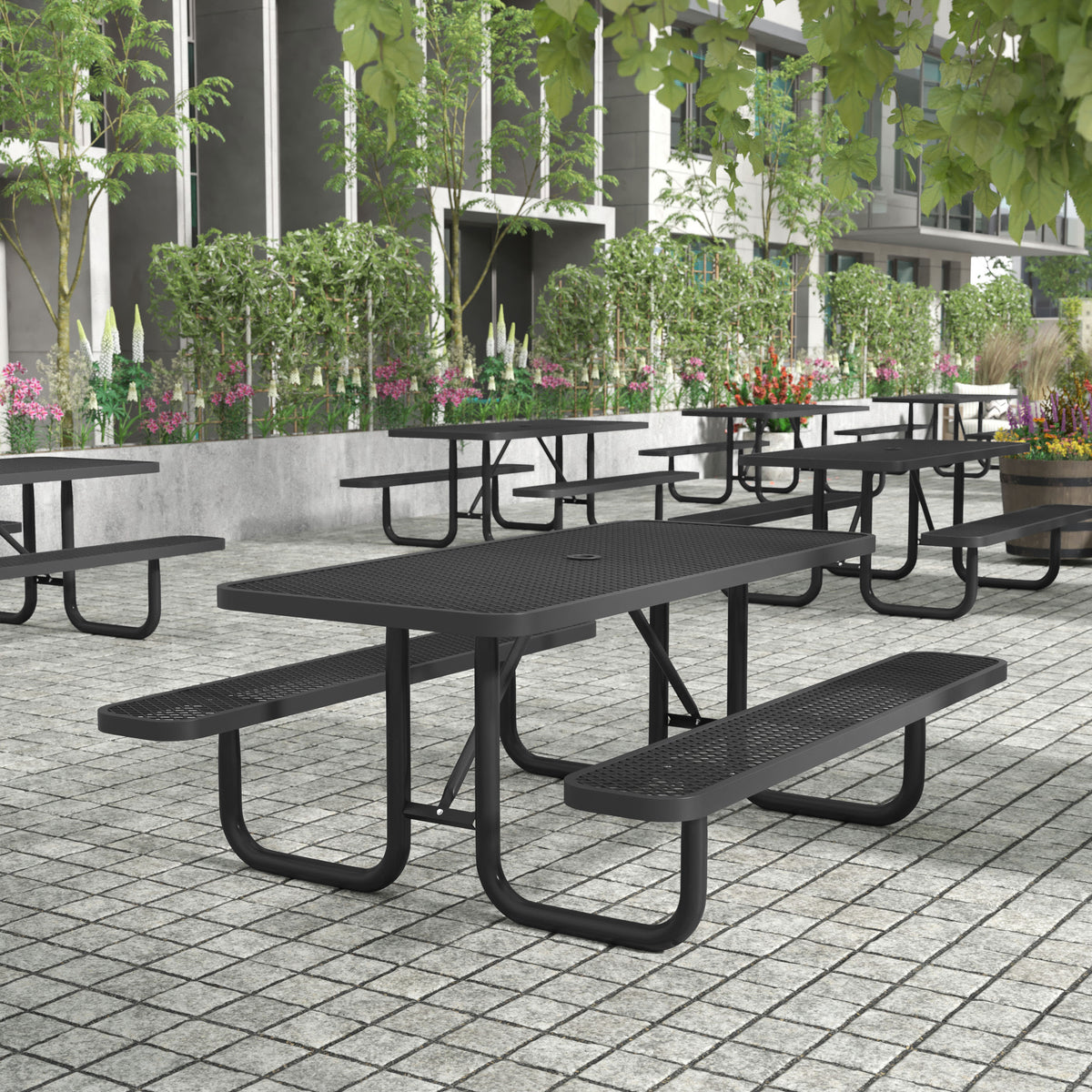 Flash Furniture SLF-EML72-H48L-BK-GG Commercial 6' Rectangular Expanded Mesh Metal Picnic Table with Anchors - Black - View 2