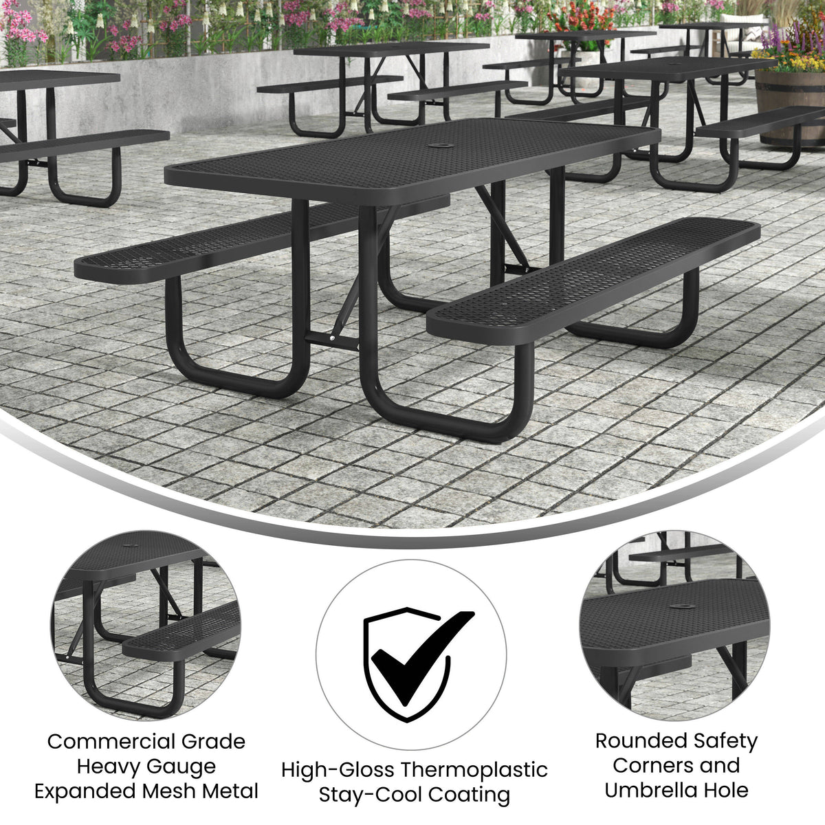 Flash Furniture SLF-EML72-H48L-BK-GG Commercial 6' Rectangular Expanded Mesh Metal Picnic Table with Anchors - Black - View 3