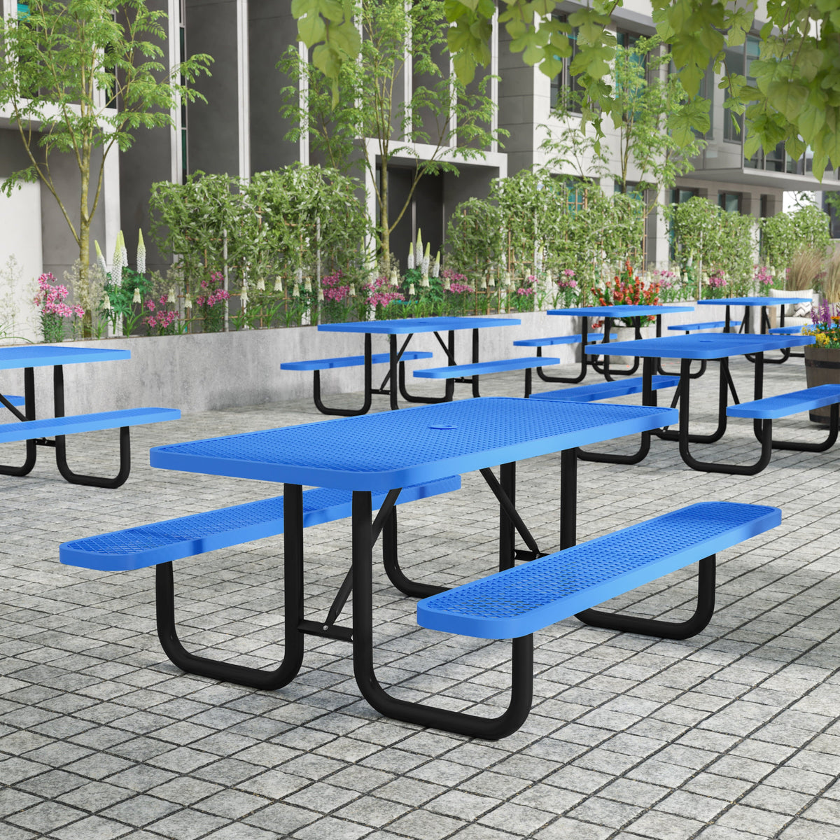 Flash Furniture SLF-EML72-H48L-BL-GG Commercial 6' Rectangle Mesh Metal Outdoor Picnic Table with Ground Anchors-Blue - View 2