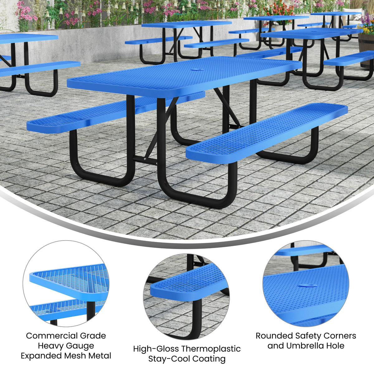 Flash Furniture SLF-EML72-H48L-BL-GG Commercial 6' Rectangle Mesh Metal Outdoor Picnic Table with Ground Anchors-Blue - View 3