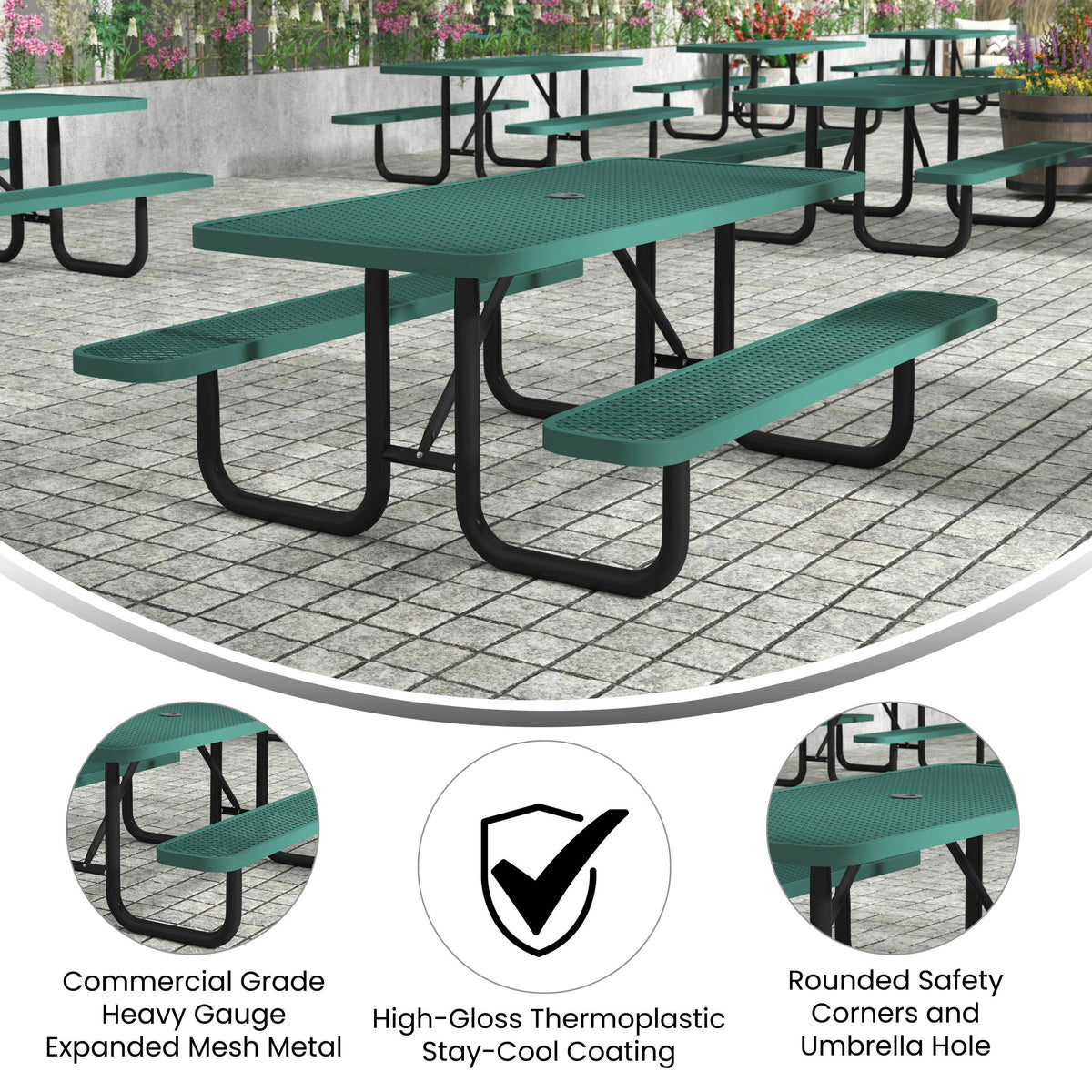 Flash Furniture SLF-EML72-H48L-GN-GG Commercial 6' Rectangular Expanded Mesh Metal Picnic Table with Anchors - Green - View 3