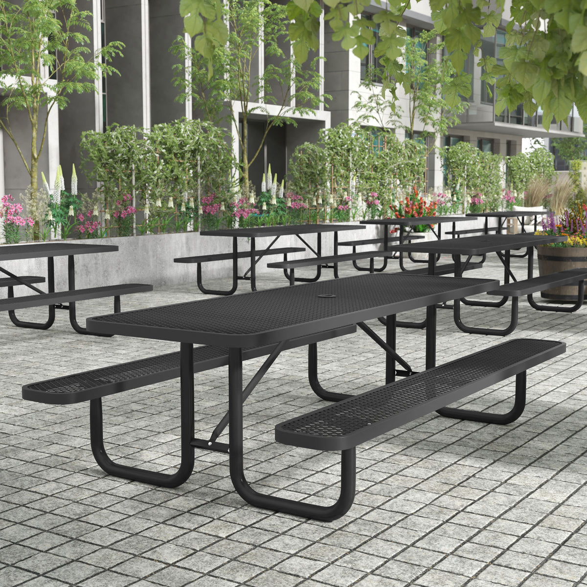 Flash Furniture SLF-EML96-H60L-BK-GG Commercial 8' Rectangular Expanded Mesh Metal Picnic Table with Anchors - Black - View 2