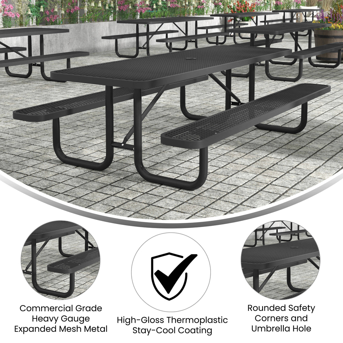 Flash Furniture SLF-EML96-H60L-BK-GG Commercial 8' Rectangular Expanded Mesh Metal Picnic Table with Anchors - Black - View 3