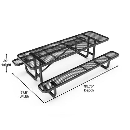 Flash Furniture SLF-EML96-H60L-BK-GG Commercial 8' Rectangular Expanded Mesh Metal Picnic Table with Anchors - Black - View 4