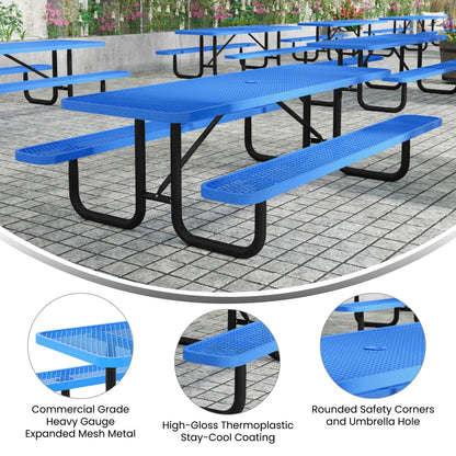 Flash Furniture SLF-EML96-H60L-BL-GG Commercial 8' Rectangle Mesh Metal Outdoor Picnic Table with Ground Anchors-Blue - View 3