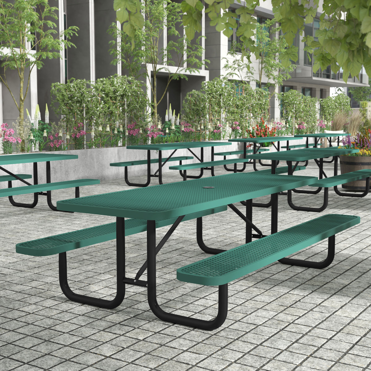 Flash Furniture SLF-EML96-H60L-GN-GG Commercial 8' Rectangular Expanded Mesh Metal Picnic Table with Anchors - Green - View 2