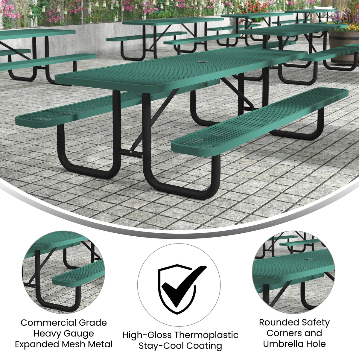 Flash Furniture SLF-EML96-H60L-GN-GG Commercial 8' Rectangular Expanded Mesh Metal Picnic Table with Anchors - Green - View 3