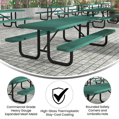 Flash Furniture SLF-EML96-H60L-GN-GG Commercial 8' Rectangular Expanded Mesh Metal Picnic Table with Anchors - Green - View 3
