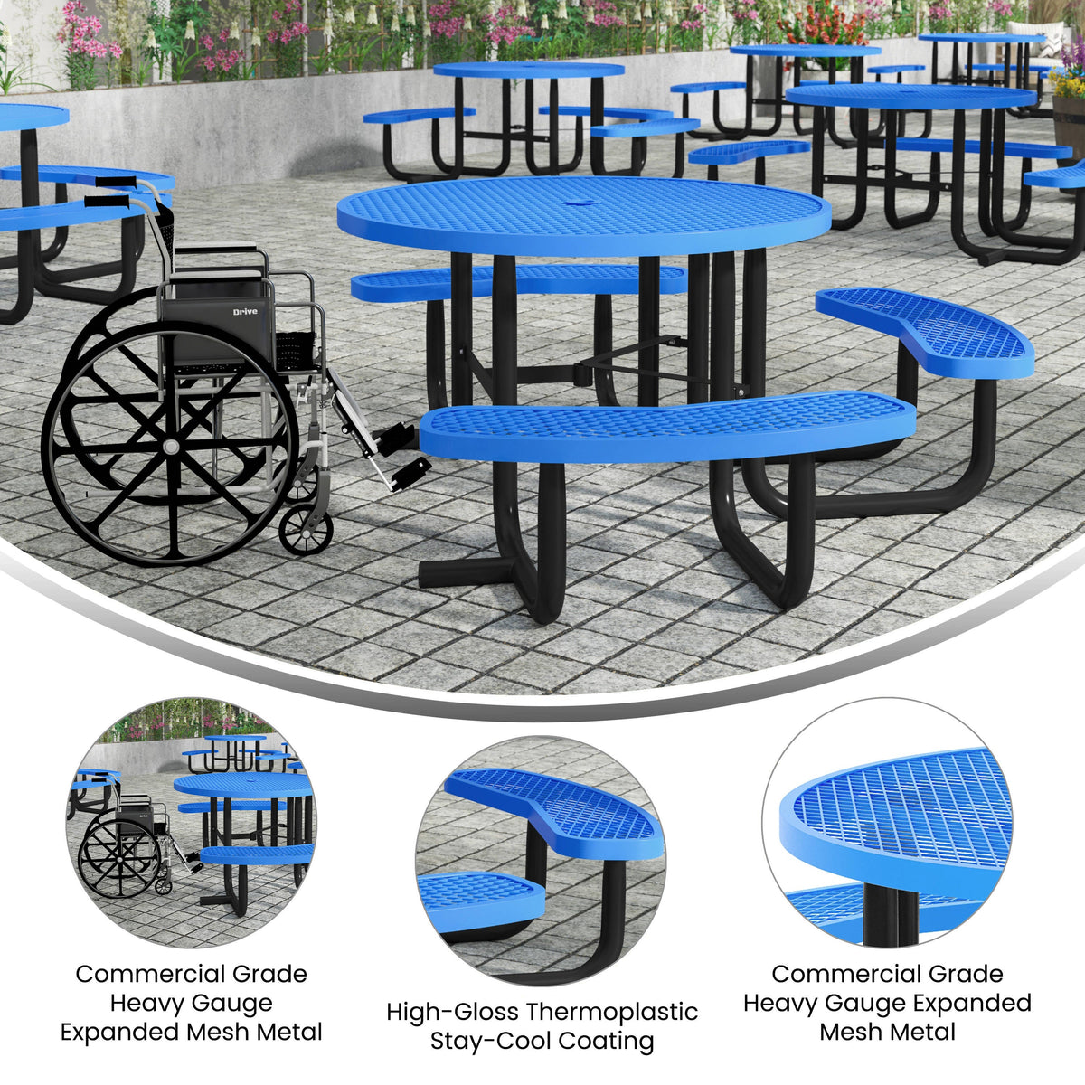 Flash Furniture SLF-EMR-46ADA-BL-GG Commercial 46" Round Wheelchair Accessible Metal Outdoor Picnic Table - Blue - View 3