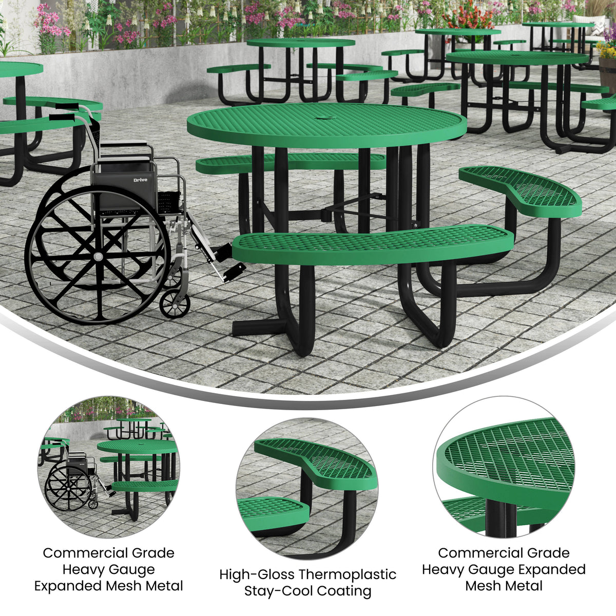 Flash Furniture SLF-EMR-46ADA-GN-GG Commercial 46" Round Wheelchair Accessible Metal Outdoor Picnic Table - Green - View 3