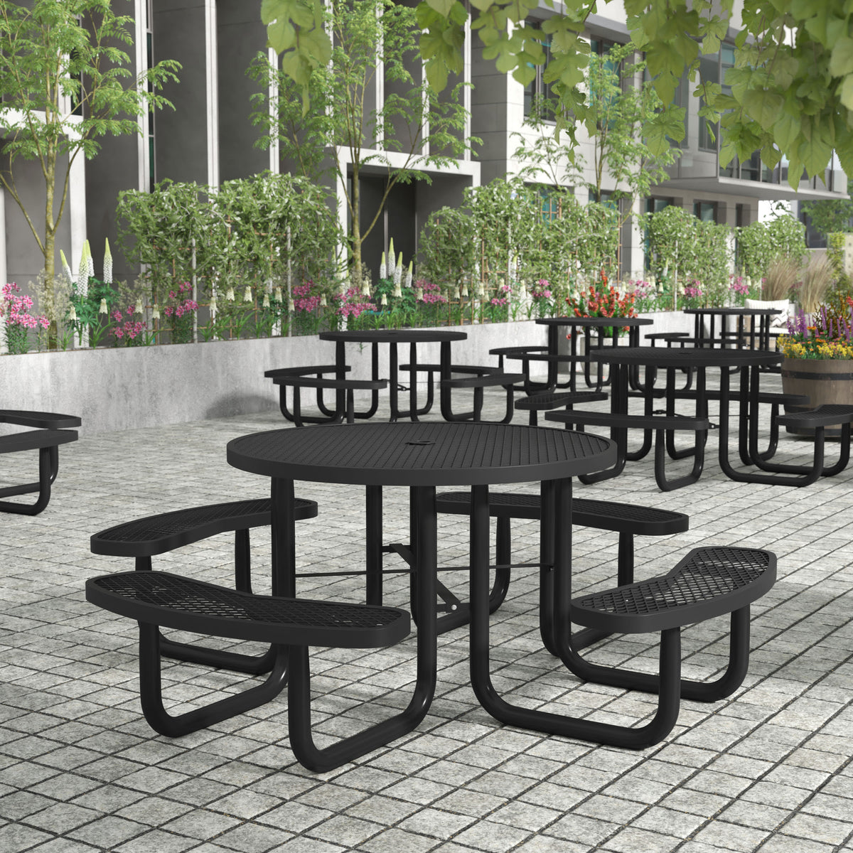 Flash Furniture SLF-EMR46-H60L-BK-GG Commercial 46 Inch Round Expanded Mesh Metal Picnic Table with Anchors - Black - View 2