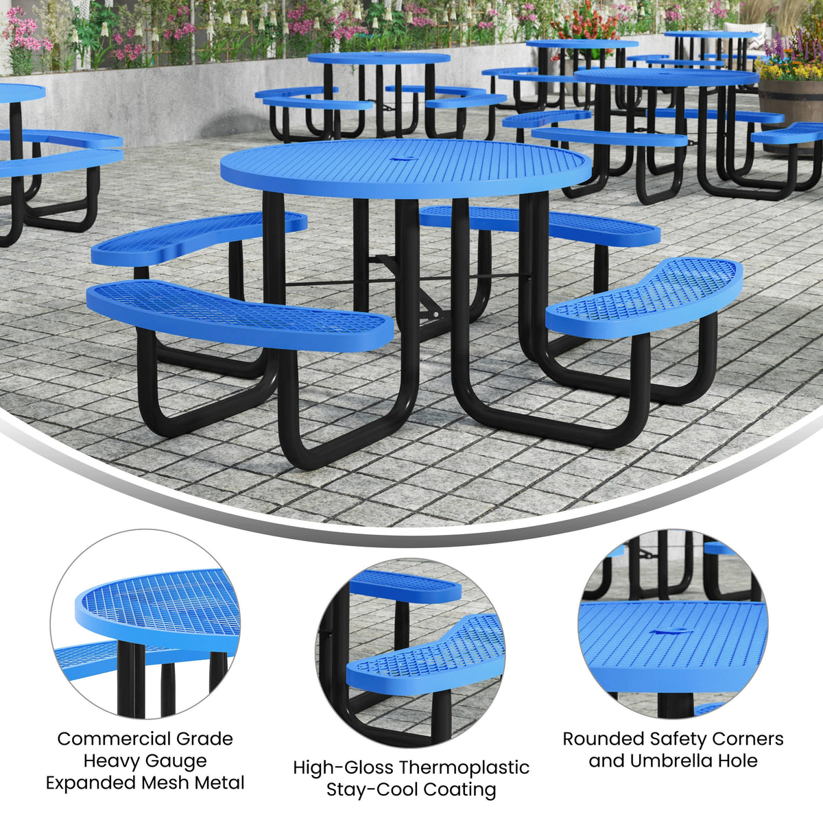 Flash Furniture SLF-EMR46-H60L-BL-GG Commercial 46" Round Mesh Metal Outdoor Picnic Table with Ground Anchors - Blue - View 3