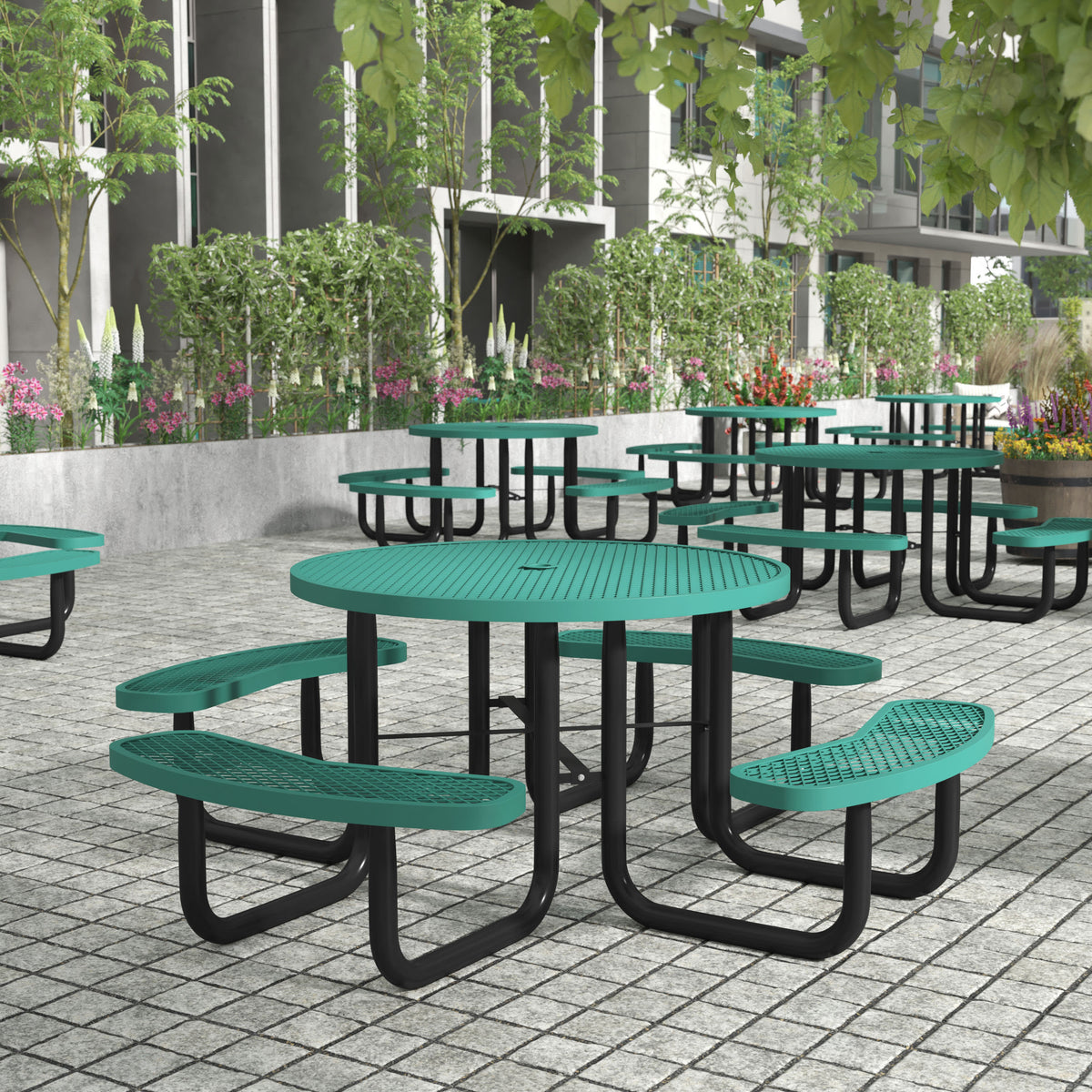 Flash Furniture SLF-EMR46-H60L-GN-GG Commercial 46 Inch Round Expanded Mesh Metal Picnic Table with Anchors - Green - View 2