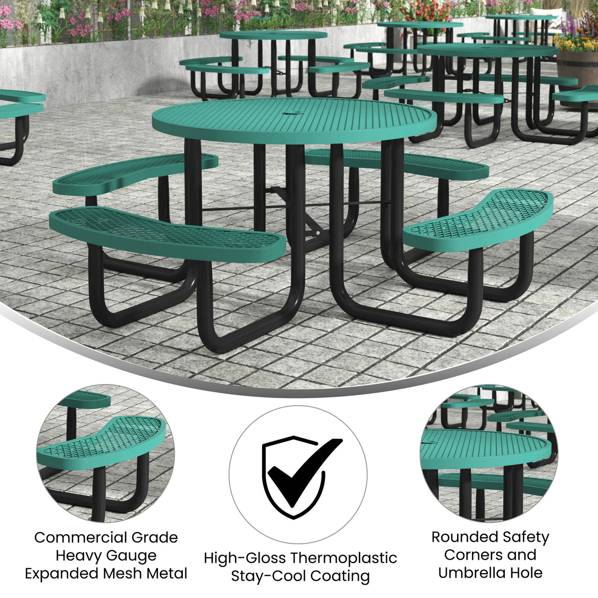 Flash Furniture SLF-EMR46-H60L-GN-GG Commercial 46 Inch Round Expanded Mesh Metal Picnic Table with Anchors - Green - View 3