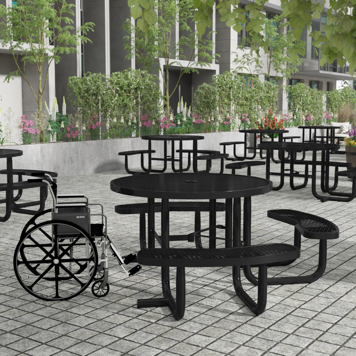 Flash Furniture SLF-EMR46ADA-HL60L-BK-GG 46" Round Wheelchair Accessible Metal Picnic Table with Ground Anchors - Black - View 2
