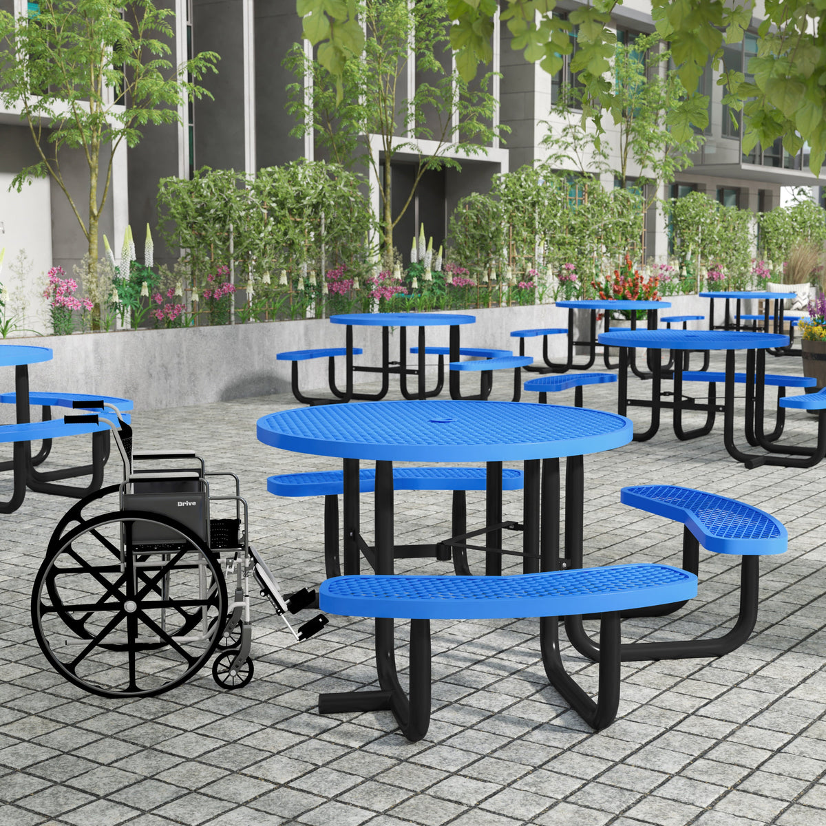 Flash Furniture SLF-EMR46ADA-HL60L-BL-GG 46" Round Wheelchair Accessible Metal Picnic Table with Ground Anchors - Blue - View 2