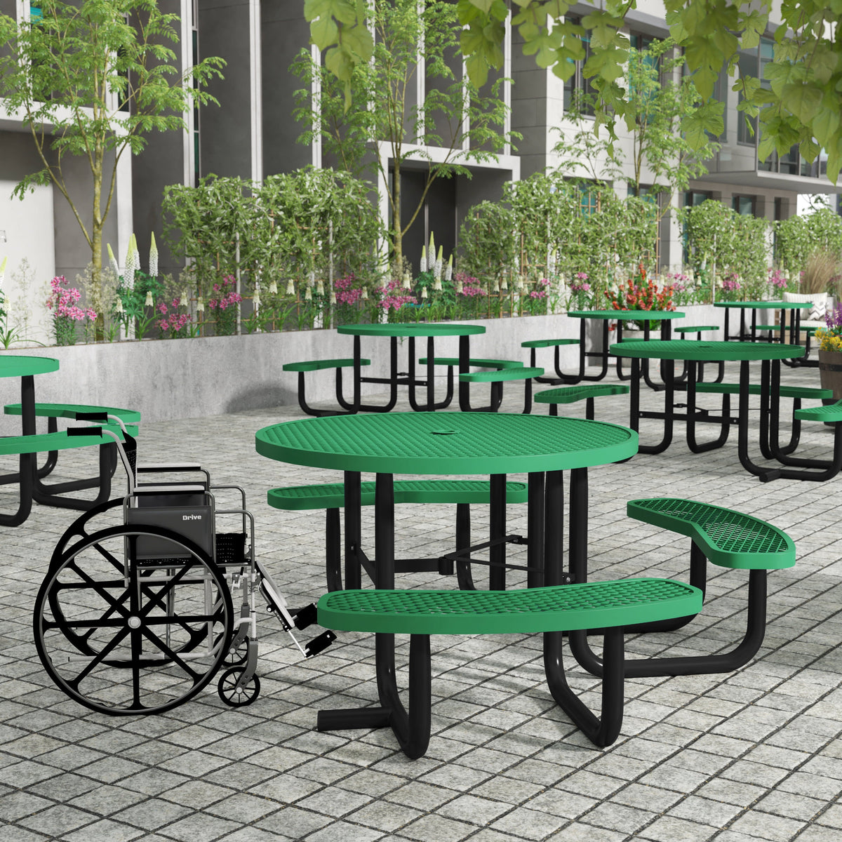 Flash Furniture SLF-EMR46ADA-HL60L-GN-GG 46" Round Wheelchair Accessible Metal Picnic Table with Ground Anchors - Green - View 2