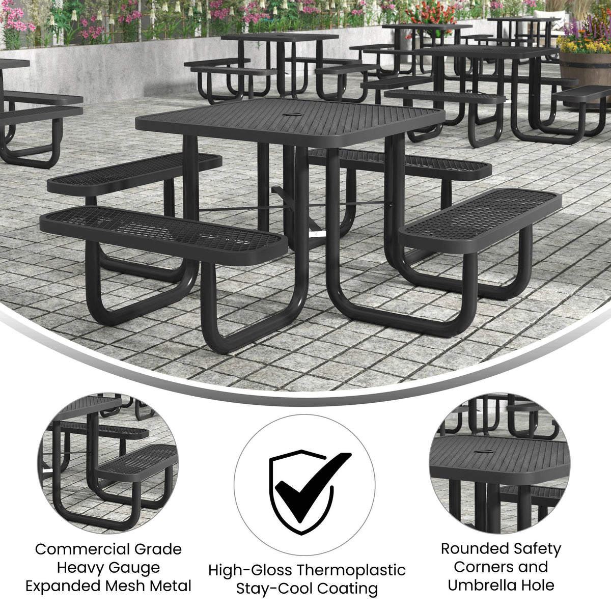 Flash Furniture SLF-EMS46-H60L-BK-GG Commercial 46 Inch Square Expanded Mesh Metal Picnic Table with Anchors - Black - View 3