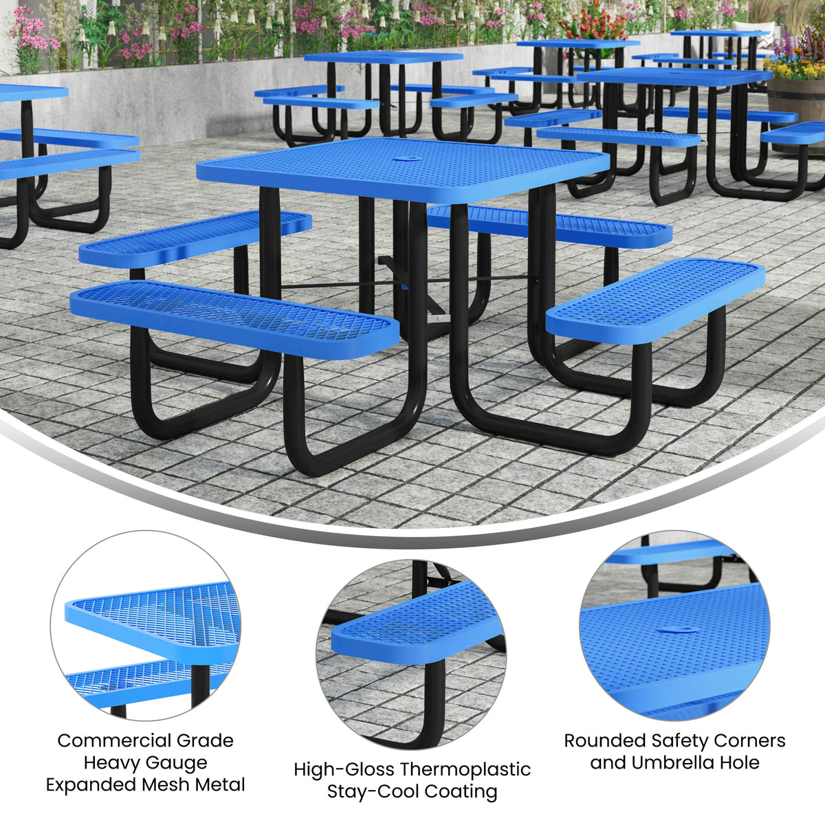 Flash Furniture SLF-EMS46-H60L-BL-GG Commercial 46" Square Mesh Metal Outdoor Picnic Table with Ground Anchors - Blue - View 3
