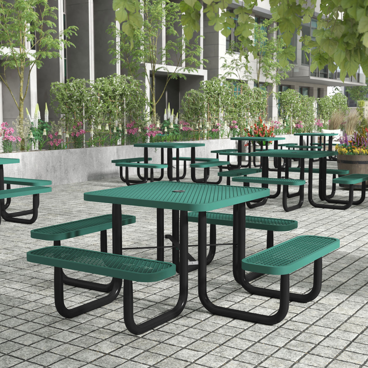 Flash Furniture SLF-EMS46-H60L-GN-GG Commercial 46 Inch Square Expanded Mesh Metal Picnic Table with Anchors - Green - View 2