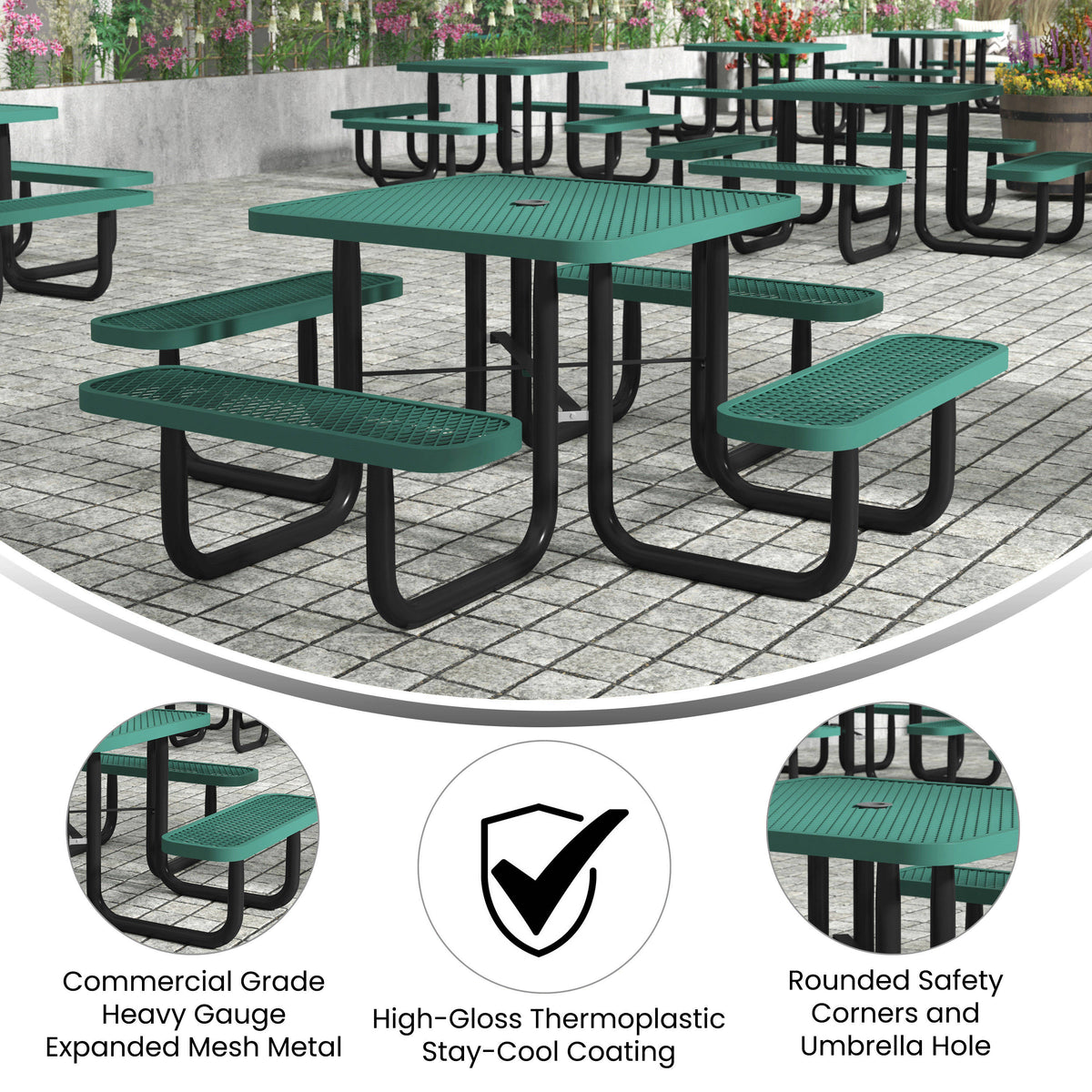 Flash Furniture SLF-EMS46-H60L-GN-GG Commercial 46 Inch Square Expanded Mesh Metal Picnic Table with Anchors - Green - View 3