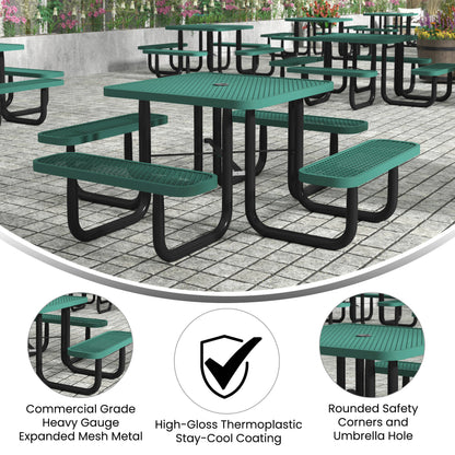 Flash Furniture SLF-EMS46-H60L-GN-GG Commercial 46 Inch Square Expanded Mesh Metal Picnic Table with Anchors - Green - View 3