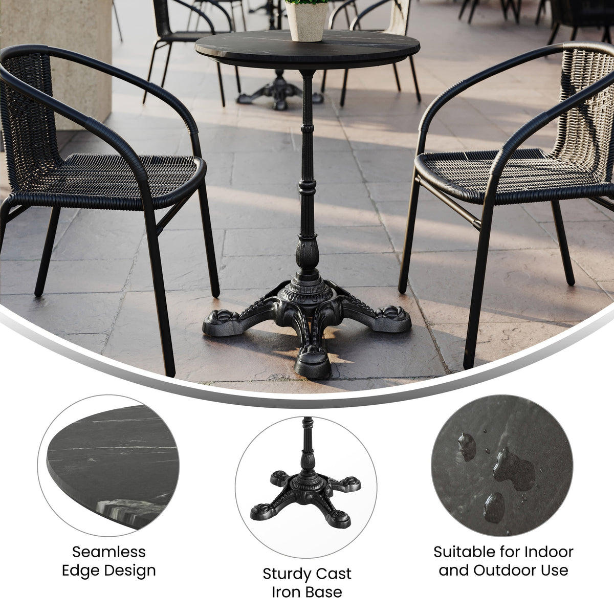 Flash Furniture ST-RD24-BKMAR-SDAT2222-GG Commercial All-Weather 24" Black Faux Marble HPL Tabletop with Black Bistro Base - View 2