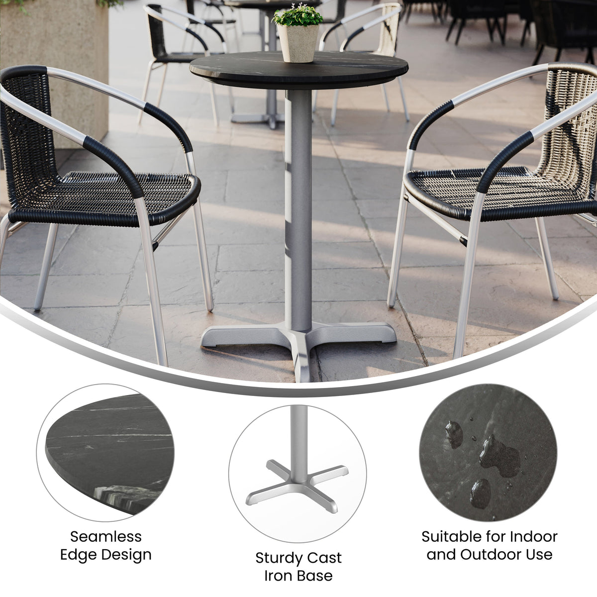 Flash Furniture ST-RD24-BKMAR-T2222S-GG Commercial All-Weather 24" Black Faux Marble HPL Tabletop with Silver X Base - View 2