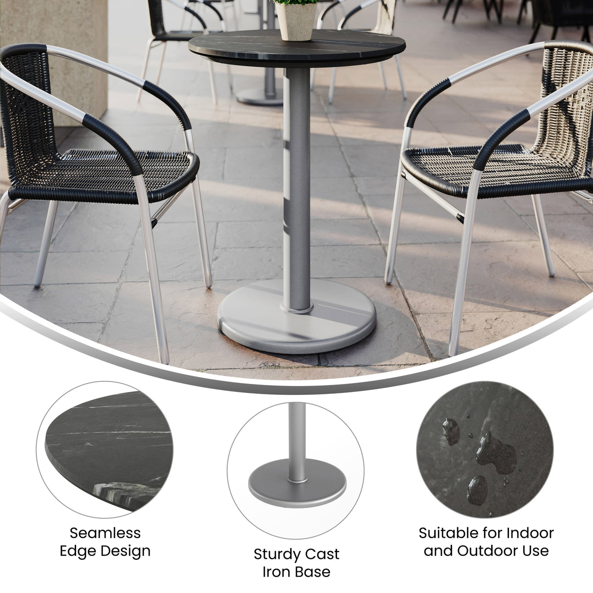 Flash Furniture ST-RD24-BKMAR-TR18S-GG Commercial All-Weather 24" Black Faux Marble HPL Tabletop with Silver RD Base - View 2