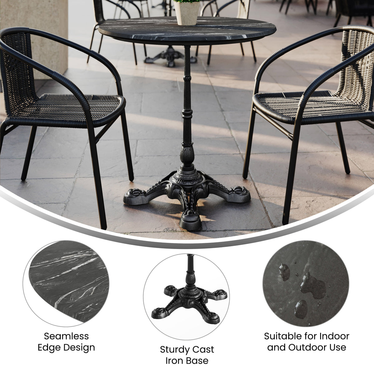 Flash Furniture ST-RD31-BKMAR-SDAT2222-GG Commercial All-Weather 31.25" Black Faux Marble HPL Tabletop-Black Bistro Base - View 2