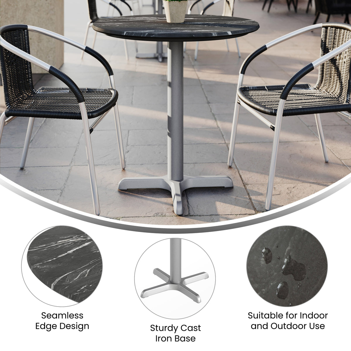 Flash Furniture ST-RD31-BKMAR-T2222S-GG Commercial All-Weather 31.25" Black Faux Marble HPL Tabletop with Silver X Base - View 2