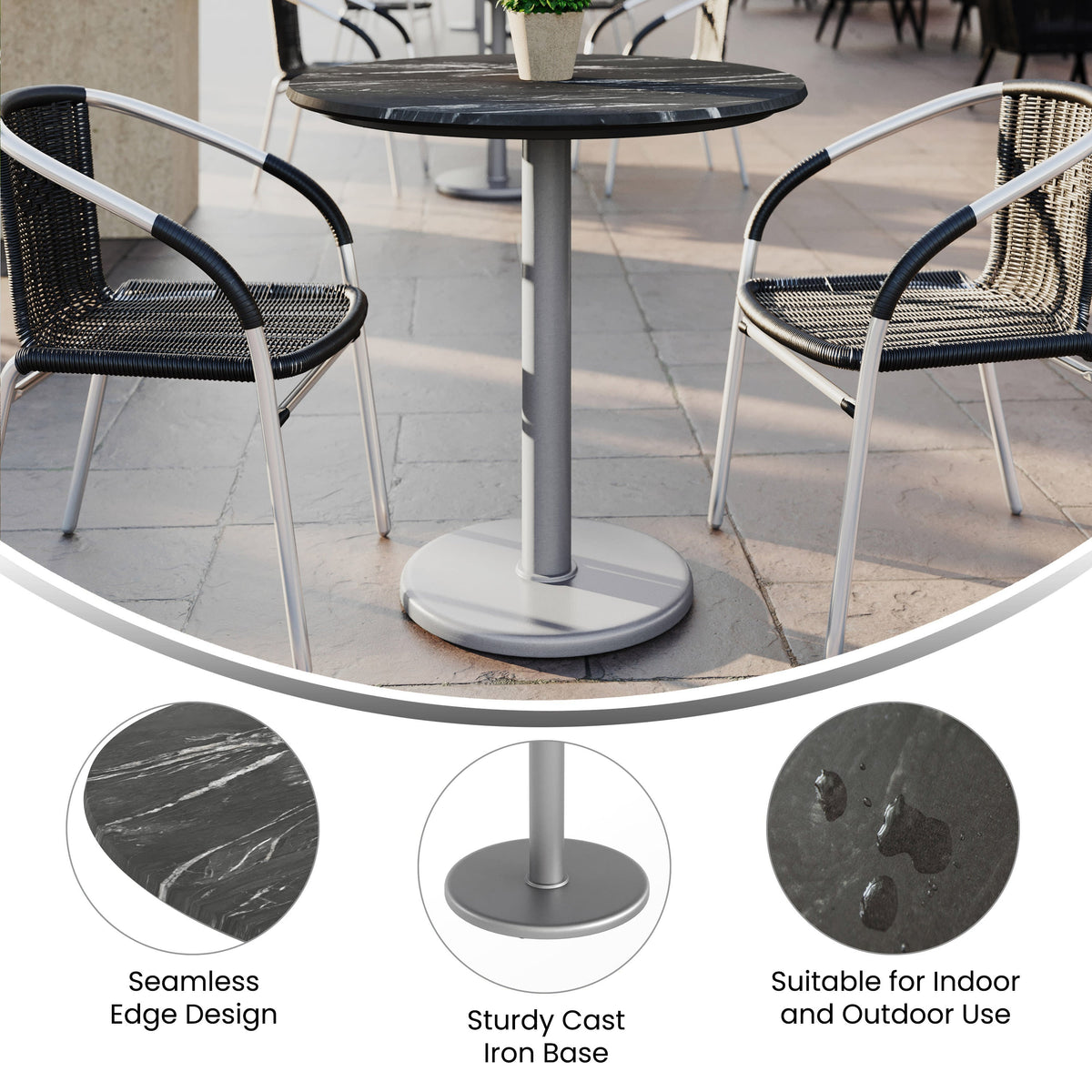 Flash Furniture ST-RD31-BKMAR-TR18S-GG Commercial All-Weather 31.5" Black Faux Marble HPL Tabletop with Silver RD Base - View 2