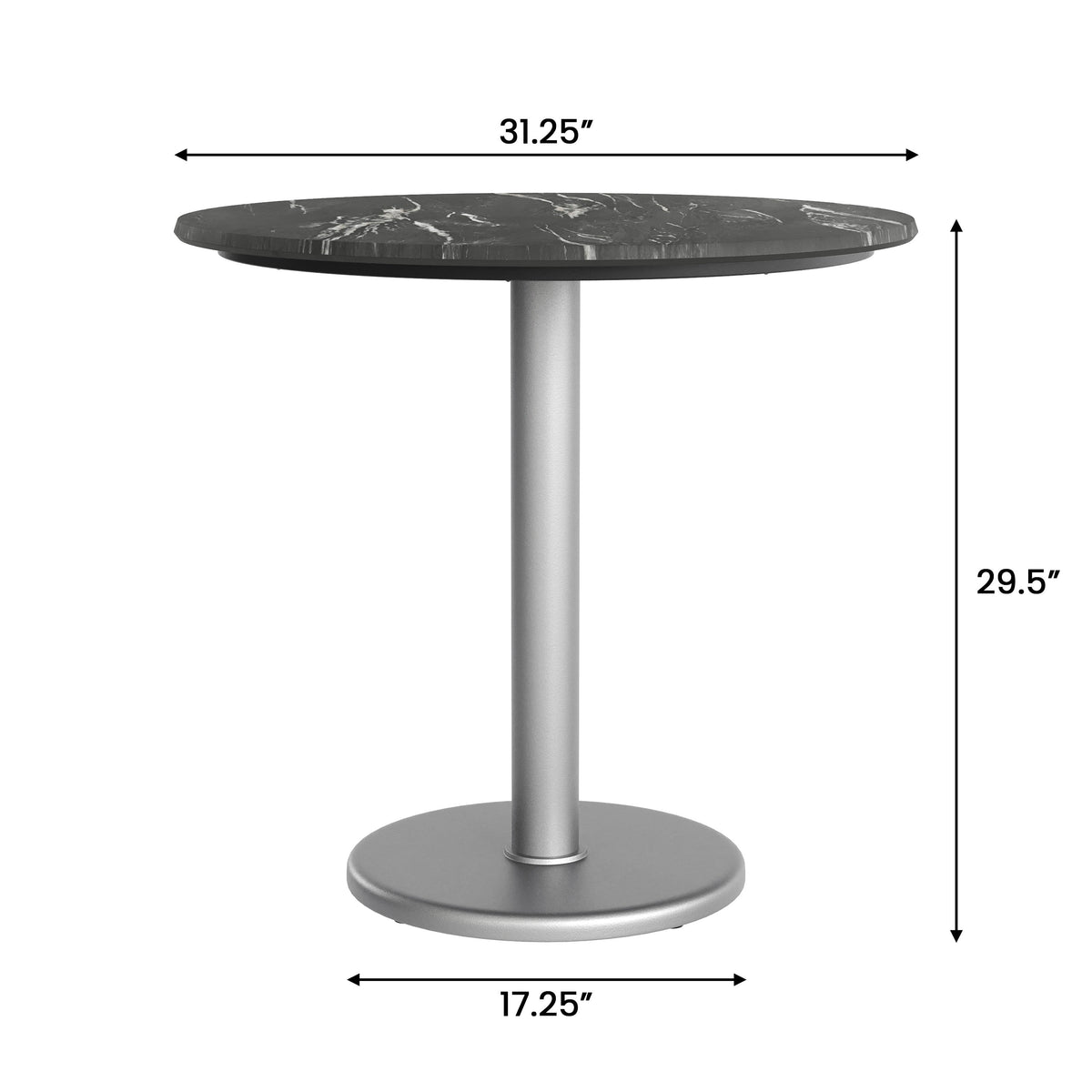 Flash Furniture ST-RD31-BKMAR-TR18S-GG Commercial All-Weather 31.5" Black Faux Marble HPL Tabletop with Silver RD Base - View 4