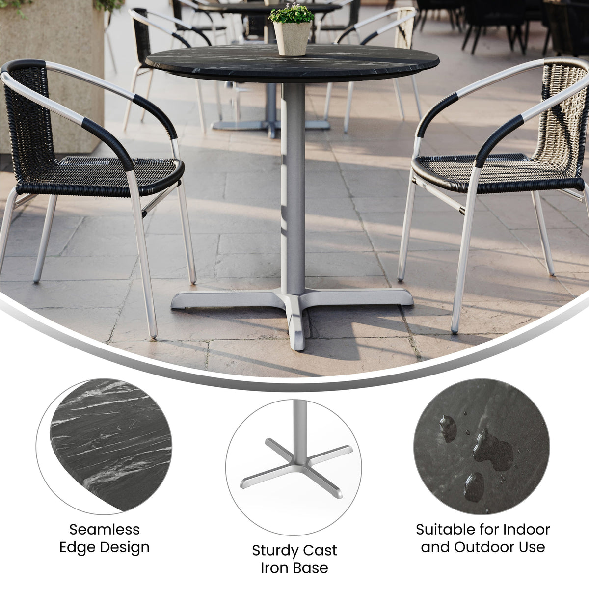 Flash Furniture ST-RD36-BKMAR-T3030S-GG Commercial All-Weather 36" Round Black Faux Marble HPL Tabletop-Silver X Base - View 2