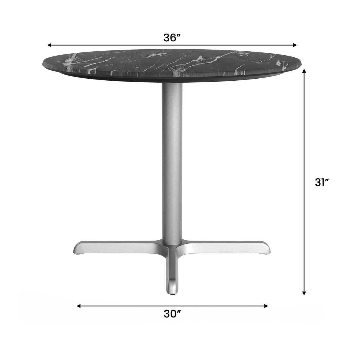 Flash Furniture ST-RD36-BKMAR-T3030S-GG Commercial All-Weather 36" Round Black Faux Marble HPL Tabletop-Silver X Base - View 4
