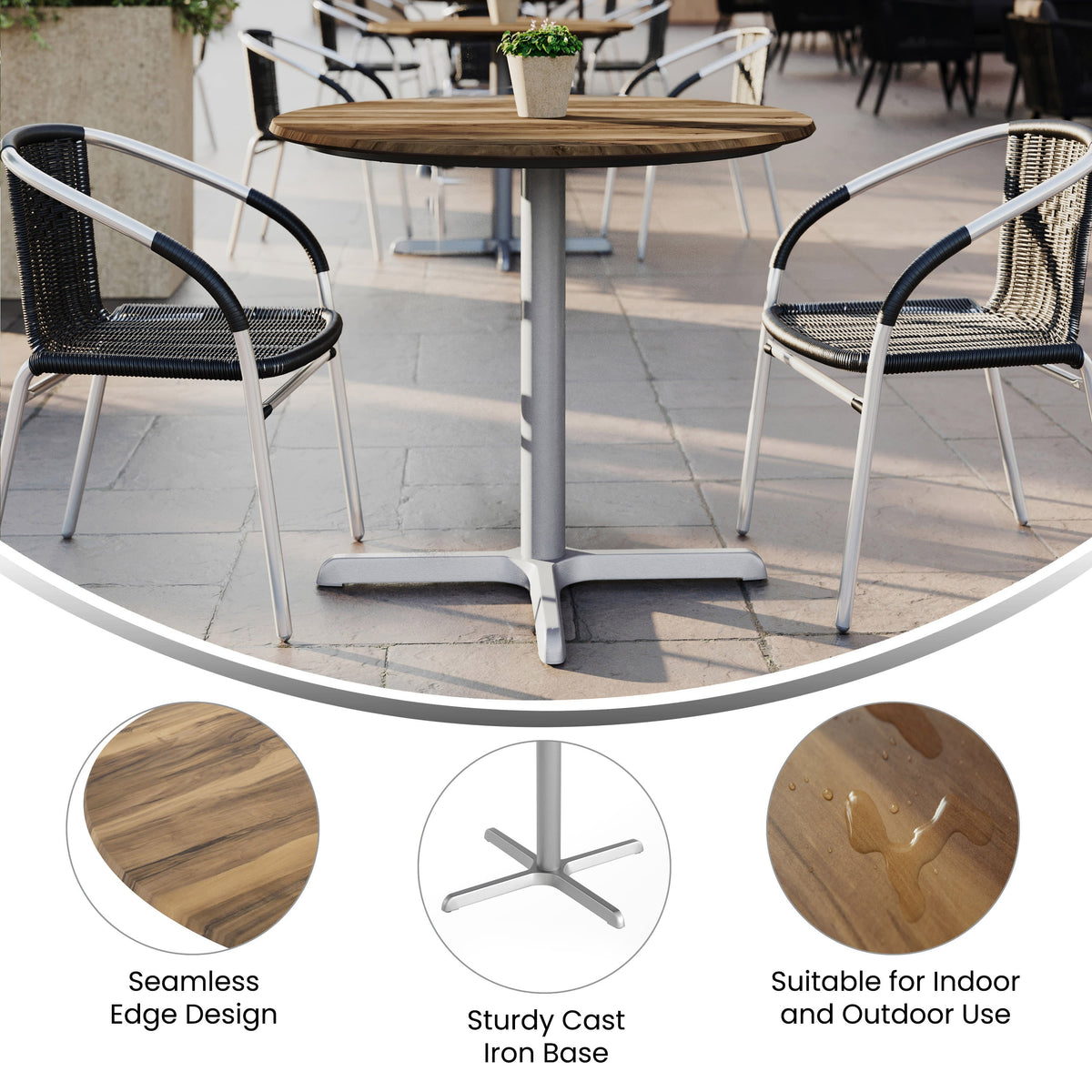 Flash Furniture ST-RD36-NAT-T3030S-GG Commercial All-Weather 36" Round Natural HPL Tabletop-Silver X Base - View 2