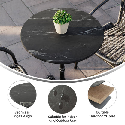 Flash Furniture ST-RD600C-1-M-3A-M-BLK-MAR-GG Commercial 24" Round HPL Wrapped All-Weather Tabletop in Black Faux Marble - View 2