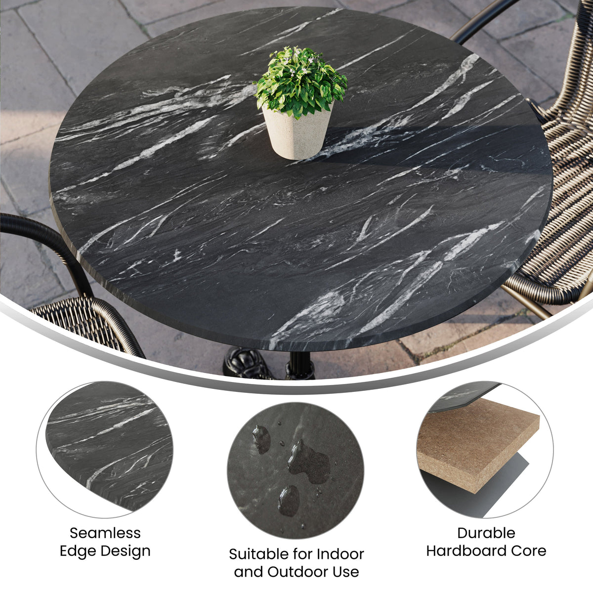Flash Furniture ST-RD800C-1-M-3A-M-BLK-MAR-GG Commercial 31.25" Round HPL Wrapped All-Weather Tabletop in Black Faux Marble - View 2