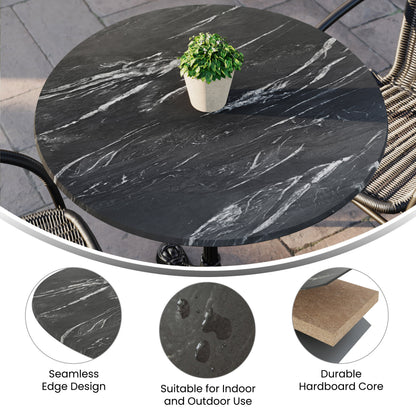 Flash Furniture ST-RD800C-1-M-3A-M-BLK-MAR-GG Commercial 31.25" Round HPL Wrapped All-Weather Tabletop in Black Faux Marble - View 2