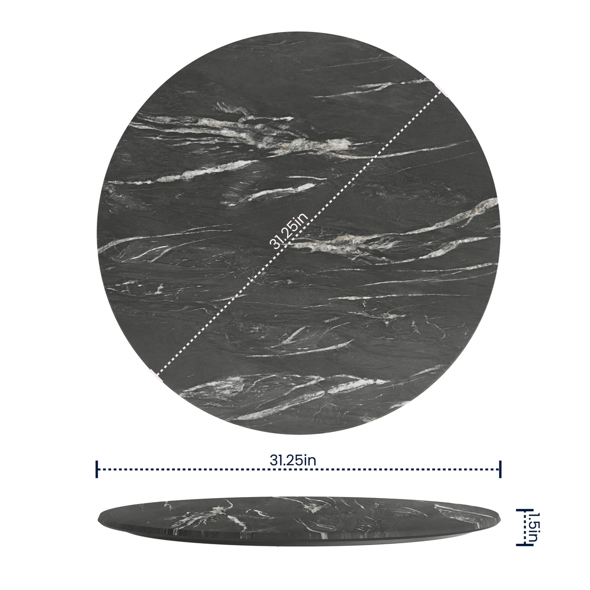 Flash Furniture ST-RD800C-1-M-3A-M-BLK-MAR-GG Commercial 31.25" Round HPL Wrapped All-Weather Tabletop in Black Faux Marble - View 4
