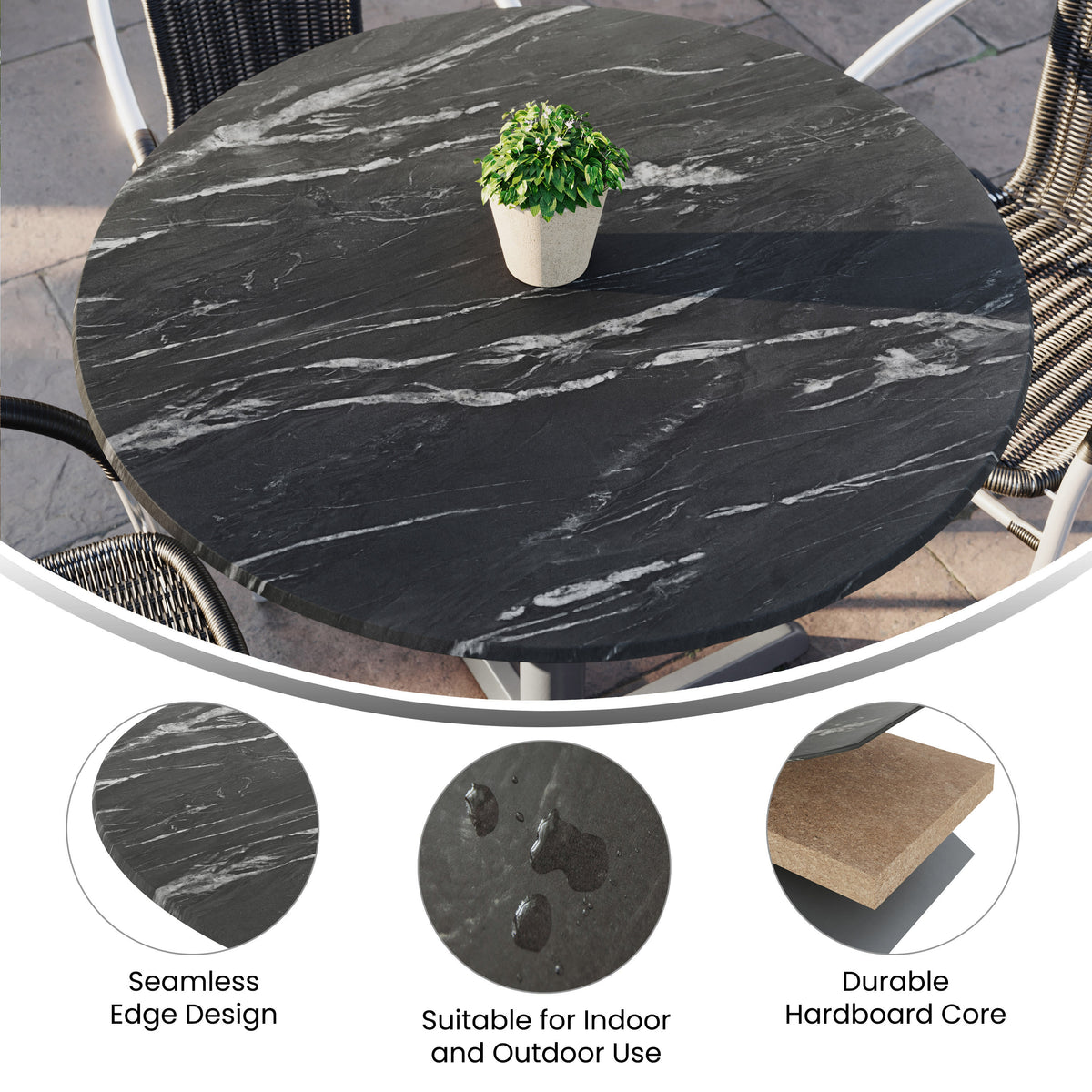 Flash Furniture ST-RD918C-1-M-3A-M-BLK-MAR-GG Commercial 36" Round HPL Wrapped All-Weather Tabletop in Black Faux Marble - View 2